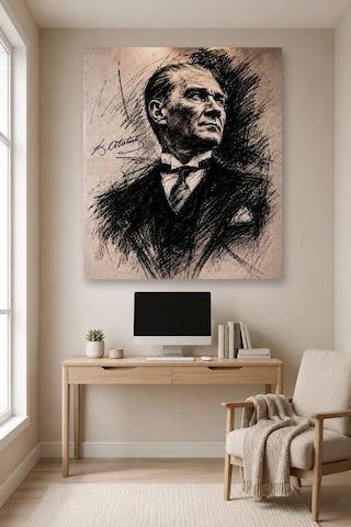 Tam Renk Atatürk Dekoratif Kanvas Duvar Tablosu Siyah