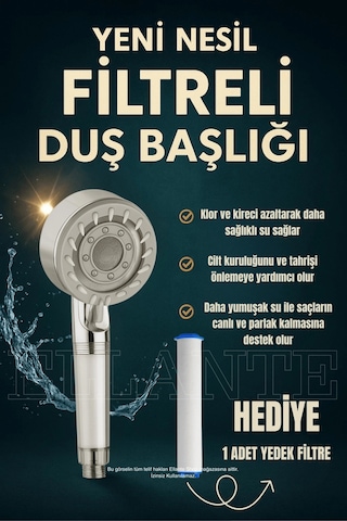 Yeni Nesil Filtreli Duş Başlığı + 1 Yedek Filtre Yüksek Basınçlı & Su Tasarruflu Çok Renkli