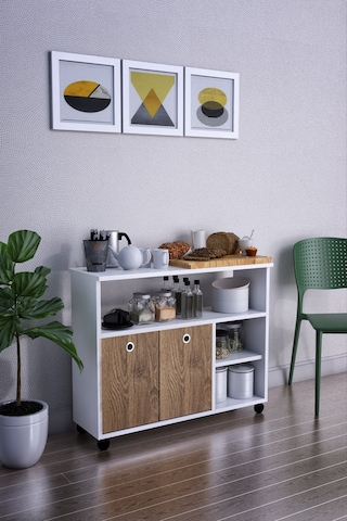 Dolap Taşınabilir 2 Katlı Kapaklı Mutfak Balkon Dolabı Ceviz