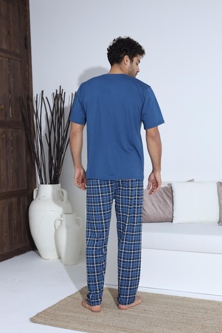 Erkek 70034 Kısa Kol Yaka Düğmeli Pijama Takımı Mavi Mavi