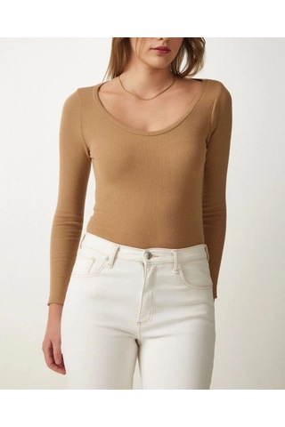 Mbb E-ticaret Kadın Fitilli Likralı Body Crop - Camel Çok Renkli