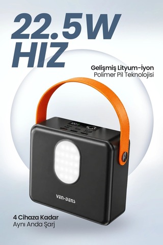 Ven-dens Vd-pb077 120000 Mah 22.5 W Hızlı Şarj Powerbank, Çoklu Çıkış, Aynı Anda 4 Cihaz, Siyah