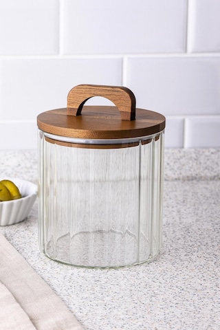 Qerhome Borosilikat Cam Optik Çizgili Akasya Kapaklı Kavanoz Zahire 1750 Ml Şeffaf