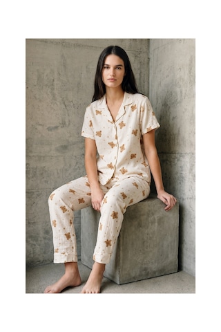 Fit Women V Yaka Düğmeli Casual Kırık Beyaz Pijama Takımı