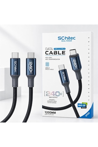 Schitec 240w Type-c To Type-c Süper Hızlı Şarj Ve Data Kablosu 1.2metre Siyah Hg/c-25 1 Adet