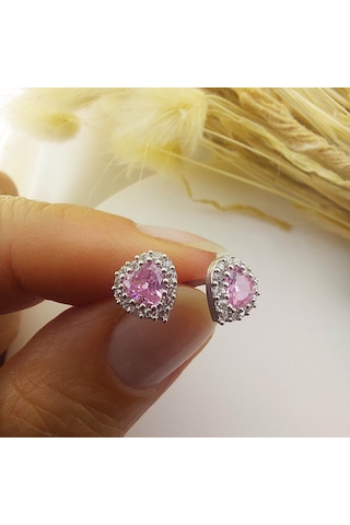 925 Ayar Gümüş Pembe Taşlı Kalp Küpe Gümüş