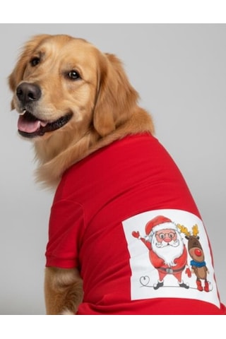 Noel Baba Ve Geyik Baskılı Kırmızı Pamuklu Yılbaşı Köpek Tişörtü Orta Ve Büyük Irklar İçin
