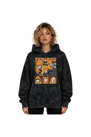Sevbano Zenitsu Agatsuma Anime Baskılı Unisex Oversize Premium Yıkamalı H Siyah