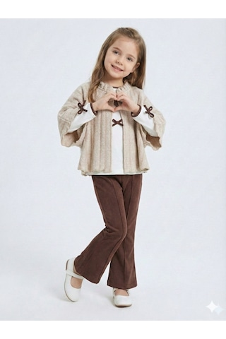 Xo Kids Pelerin Detaylı Kız Çocuk 3lü Alt Üst Takım 4-10 Yaş 4406 Ekru