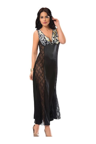 Sistina Siyah - 176 - Dantelli Saten Gecelik - 085 - - Myceshop - Beden S/m