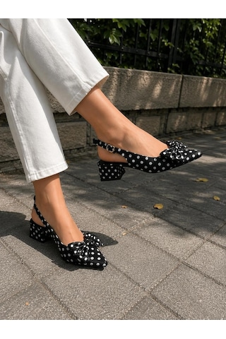 Asmi Shoes Kadın Mina Siyah Saten Puantiyeli Fiyonk Detaylı Arkası Açık 4 Cm Topuklu Ayakkabı