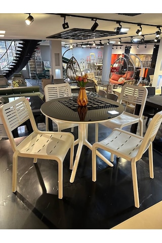 Royal Rattan Yuvarlak Camlı Masa Takımı 4 Kişilik Camlı Kapuçino