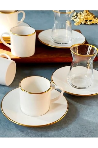 Regna Home Fine Living Sena Yaldızlı 18 Parça Gold Çay-kahve Bardağı Seti, Türk Kahve Fincan Takımı Çay Takım Diğer