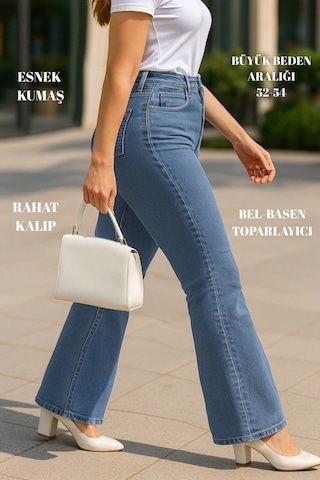 Cedy Denim Cedy Denım - Kadın Büyük Beden İspanyol Paça Yüksek Bel Skinny Fit Likralı Pantolon C628 Buz Mavisi