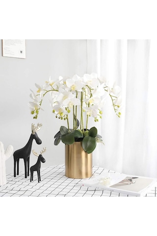 4lü Set Yapay Çiçek Beyaz Islak Orkide Ve 2 Adet Orkide Yaprağı Gerçeksi Doku Uzun Dal 90cm
