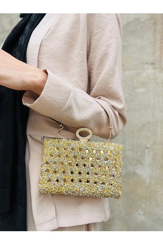 Çanta Trend Kadın Kristal Taşlı Abiye Çantası Kına, Nişan, Düğün, Nikah, Mezuniyet Ve Balo Gold