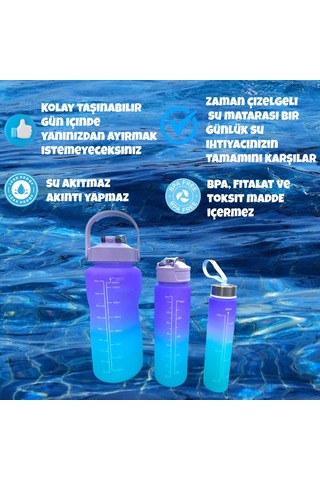 3'lü Set Bpa İçermez Motivasyonel Mor Su Mataraı,su Şişesi 2lt,7