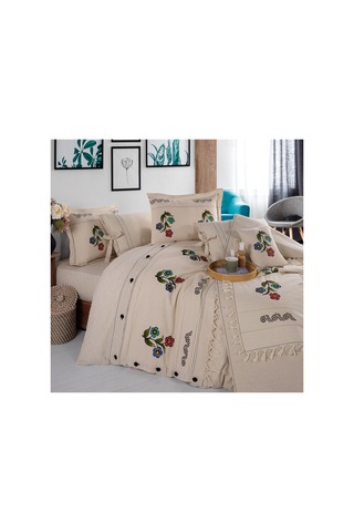 Çiçek Desen 200x220 Pamuk-keten Taş Baskılı Çift Kişilik Nevresim Takımı Krem - 747895135 Krem