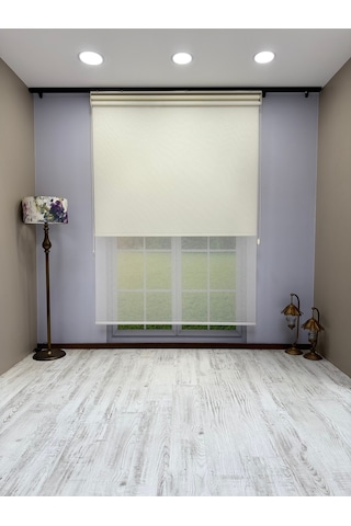 Çiftli Sistem Keten Tül Ve %100 Blackout Karartma Ekru Stor Perde Ekru