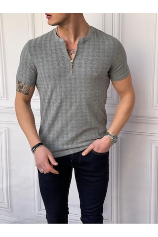 Modefendi Slim Fit Sıfır Yaka Fermuar Detaylı Triko Tshırt Gri