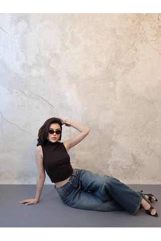 Hopıan Kadın Mavi Yüksek Bel Geniş Paça Vintage Yıkama Wide Leg Jean Pantolon Blue Jeans