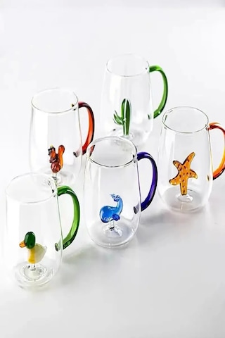 2'li Sevimli Karikatürler Bardağı Figürlü Cam Bardak 3d Kawaii Renkli Kulplu Sunum Fincanı 350 Ml.