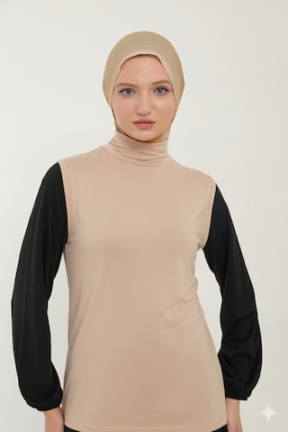 Sonbaharmoda Kadın Sıfır Kollu Yarım Balıkçı Yakalı Penye Likralı Body - Bej Bej