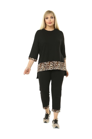 Melsay Butik Siyah Leopar Şeritli Büyük Beden Kadın Kapri Takımı Siyah