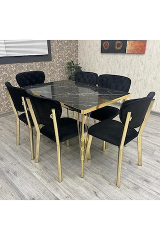 Mutfak Masa Sandalye Takımı Akuamarin 80-120 Ck Gold 6 Kişilik Mutfak Masası Takımı Siyah Mermer