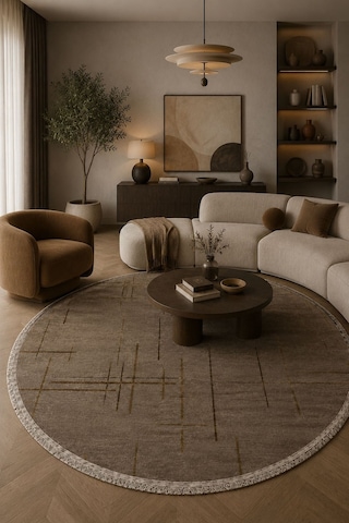 Lotus Bambu Model Altı Kaymaz Yuvarlak Makine Dokuma Halı Vizon Çok Renkli