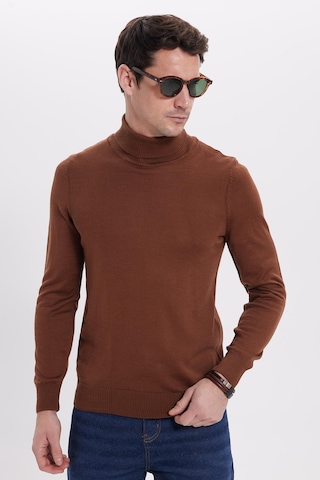 Tudors Slim Fit Tam Boğazlı Yaka Düz Yün Kahverengi Erkek Triko Kazak-39415 Kahverengi