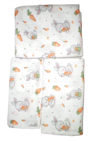 More Home Çok Amaçlı Müslin Bez Battaniye Set 5 Parça Havuç Yiyen Tavşan Gri - Kırmızı