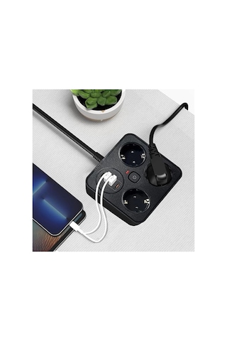 Akım Korumalı Anahtarlı Priz - 3x Priz - 2x Usb - 2x Type-c - 2 Mt Kablo Hızlı Şarj Özellikli Siyah 0-2
