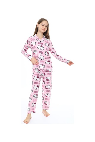 Kız Çocuk Kedi Baskılı Pijama Takımı 7-16 Yaş 0150 Pembe