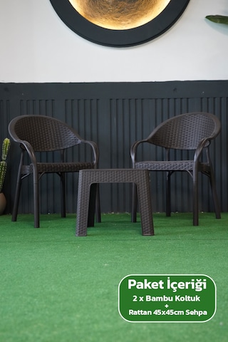 Bambu Rattan Görünümlü Sehpalı Set 2 Adet Koltuk + 45 Cm Sehpalı Sandalye Seti Kahverengi