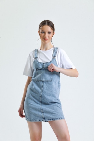 Shevega Kadın Mavi Kanguru Cep Bahçevan Kot Elbise Mavi