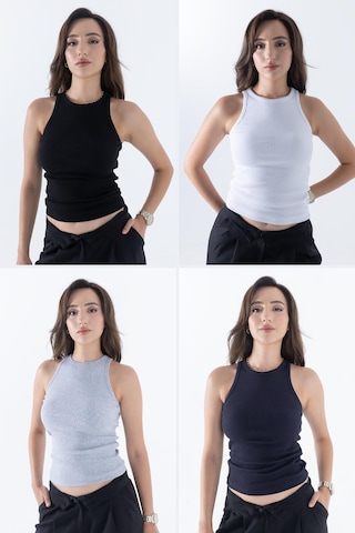 Mmetalic Fitilli Regular Fit Normal Kalıp Siyah-beyaz-gri-lacivert Bisiklet Yaka Sıfır Kol Pamuklu 4'lü Kadın Atlet Çok Renkli