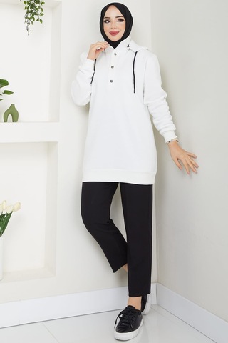 Esilanur Çıkarılabilir Kapüşonlu 3 İplik Şardonlu Sweatshirt Beyaz