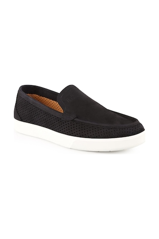 Lbr H1126 Hakiki Nubuk Erkek Casual Ayakkabı - Lazer Kesim Delikli, Kauçuk Tabanlı Yazlık Slip-on Siyah