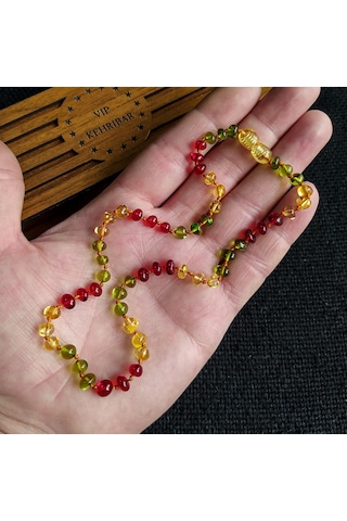 Sertifikalı Yeşil Kırmızı Bal 35 cm Kız Erkek Bebek Diş Kolyesi Mavi