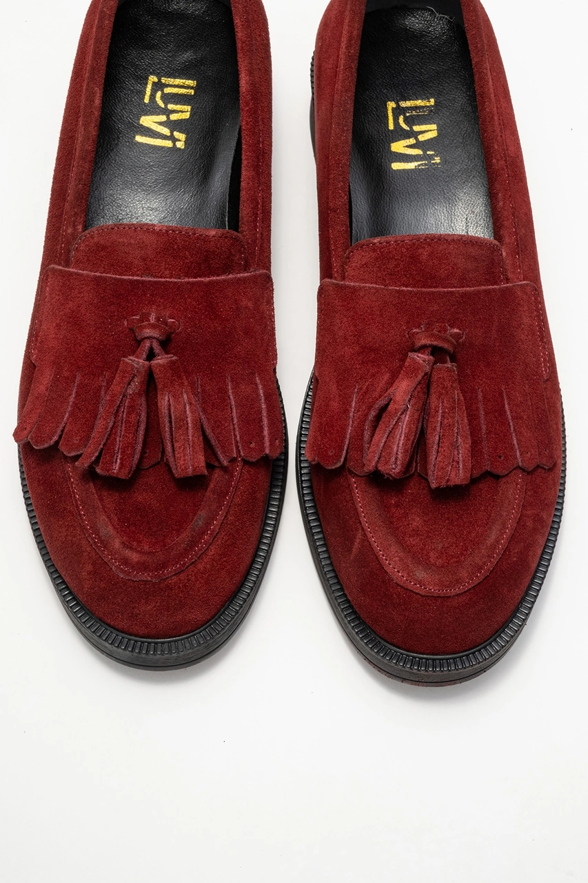 Milina Bordo Süet Püsküllü Hakiki Deri Kadın Loafer Ayakkabı Bordo