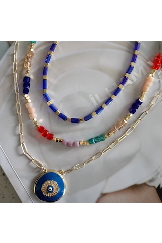 Lente Aksesuar Gold Kaplama Çoklu Renkli Kristal Boncuklu Nazar Kolye Detaylı Kolye Seti Çok Renkli