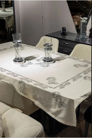 Doğal Pamuk Keten Dikdörtgen Masa Örtüsü 160x200 Cm El Baskılı