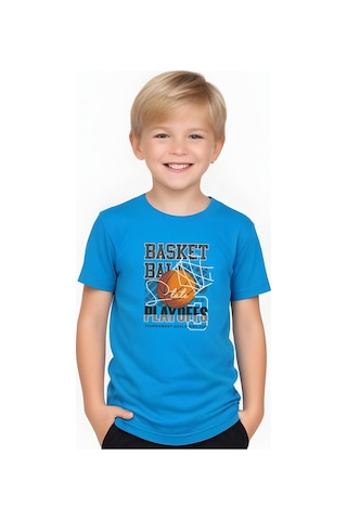 Fyk Kids Erkek Çocuk Yuvarlak Yaka Basketball Baskılı T-shirt Mavi