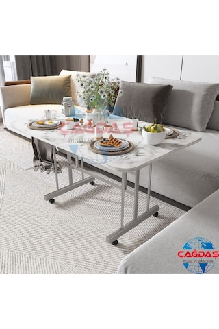 Teknor Tekerlekli Masa Orta Sehpa 70x110 Cm Metal Ayak Beyaz