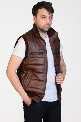 Derije Max Hakiki Deri Erkek Kahverengi Triko Detaylı Şişme Yelek