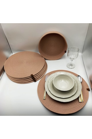6 Kişilik Pudra Rengi Amerikan Servis, Hasır Supla Takımı Pudra