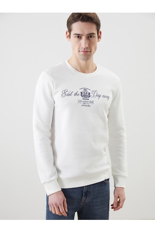 Lcwaıkıkı Classic Beyaz Bisiklet Yaka Baskılı Erkek Kalın Sweatshirt