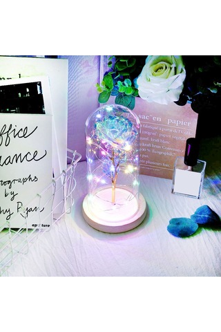 Vkemall Renkli Led Işıklı Cam Kapaklı Altın Folyo Gül Dekoratif Ayna, Oda Dekoru Ve Gece Lambası, Ahşap Tabanlı, 20 Led Işık, Pil Gerektirir Pil Dahil Değil Renkli