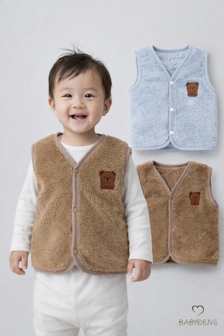 Babyden's 2 Li Welsoft Yelek Seti Erkek Bebek & Çocuk Peluş Yumuşak Kışlık Bebek Yeleği, Çıtçıtlı Kahverengi - Mavi